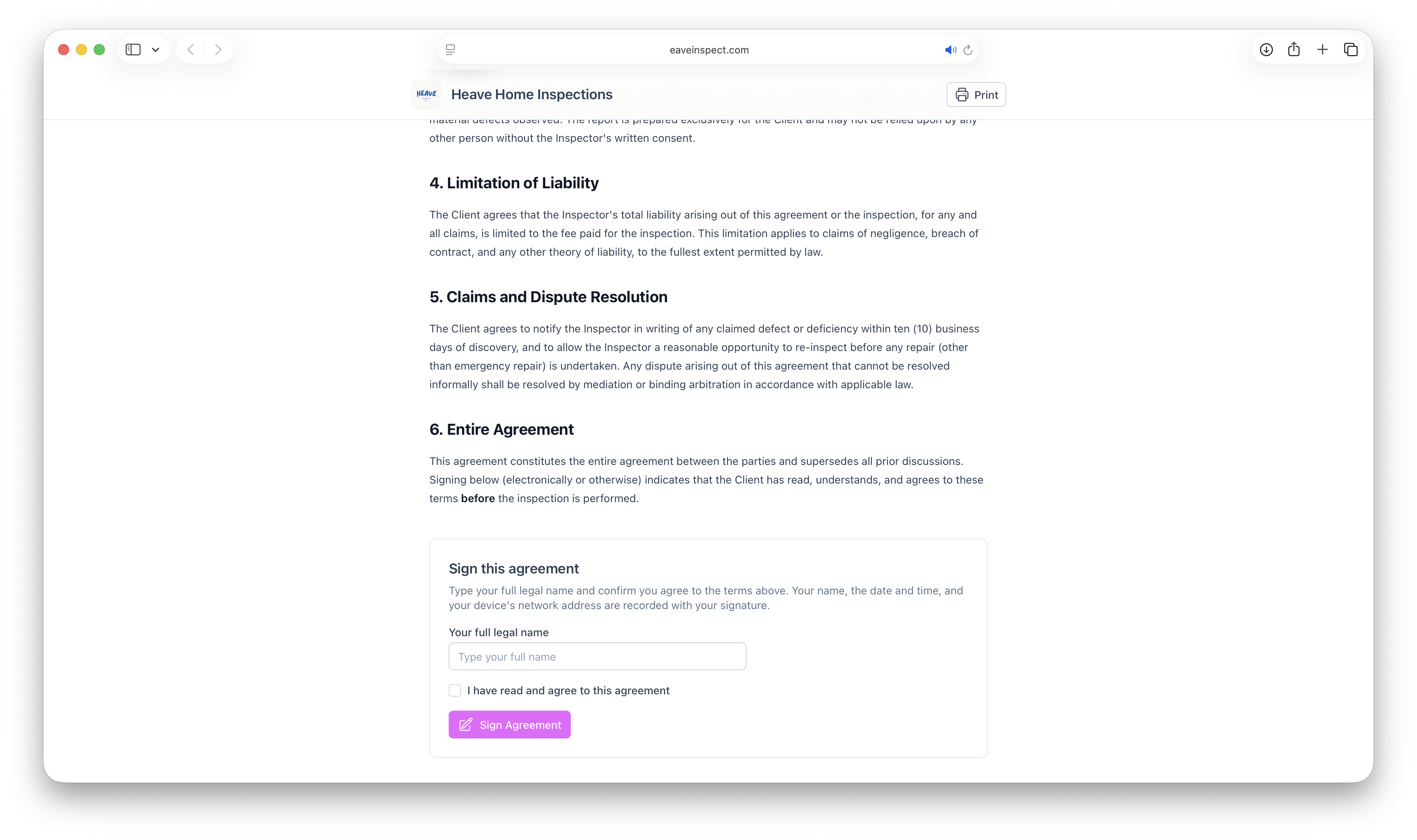 A client signing a pre-inspection agreement online