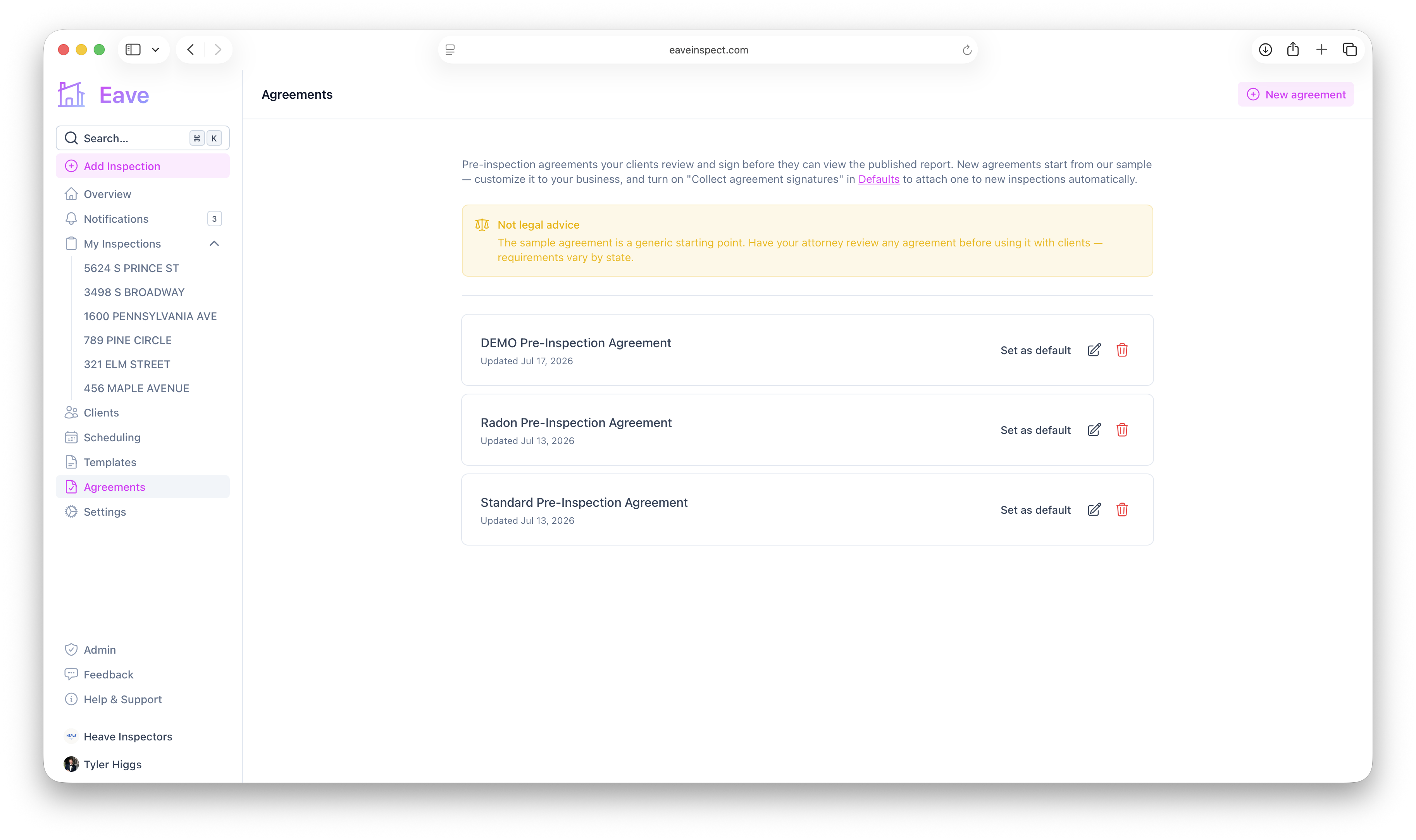 Agreements page