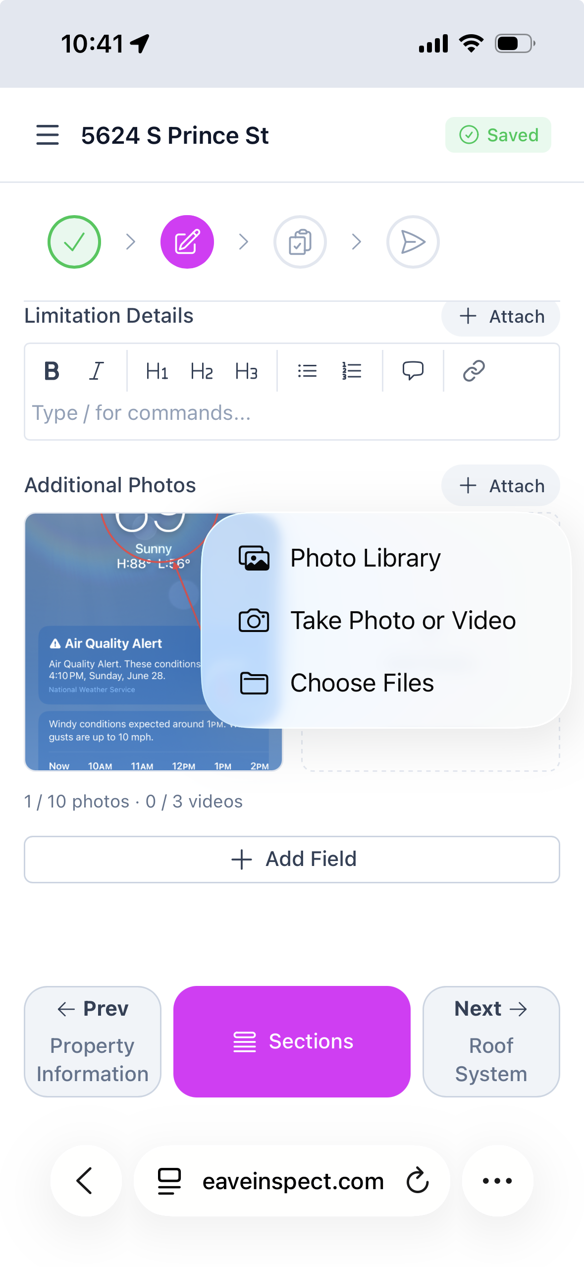 Upload Inspection Photos/Videos