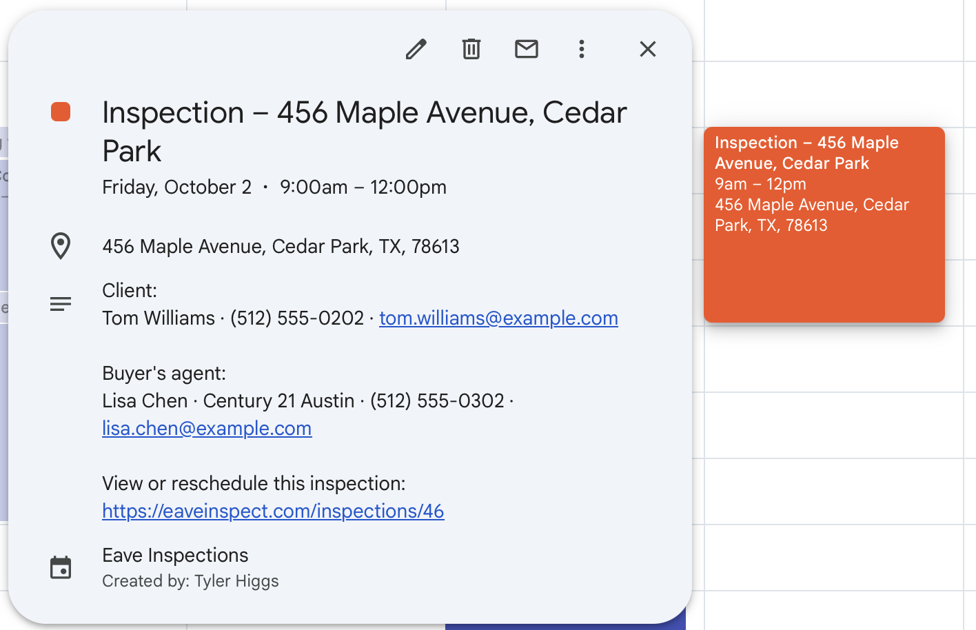 An inspection synced to Google Calendar