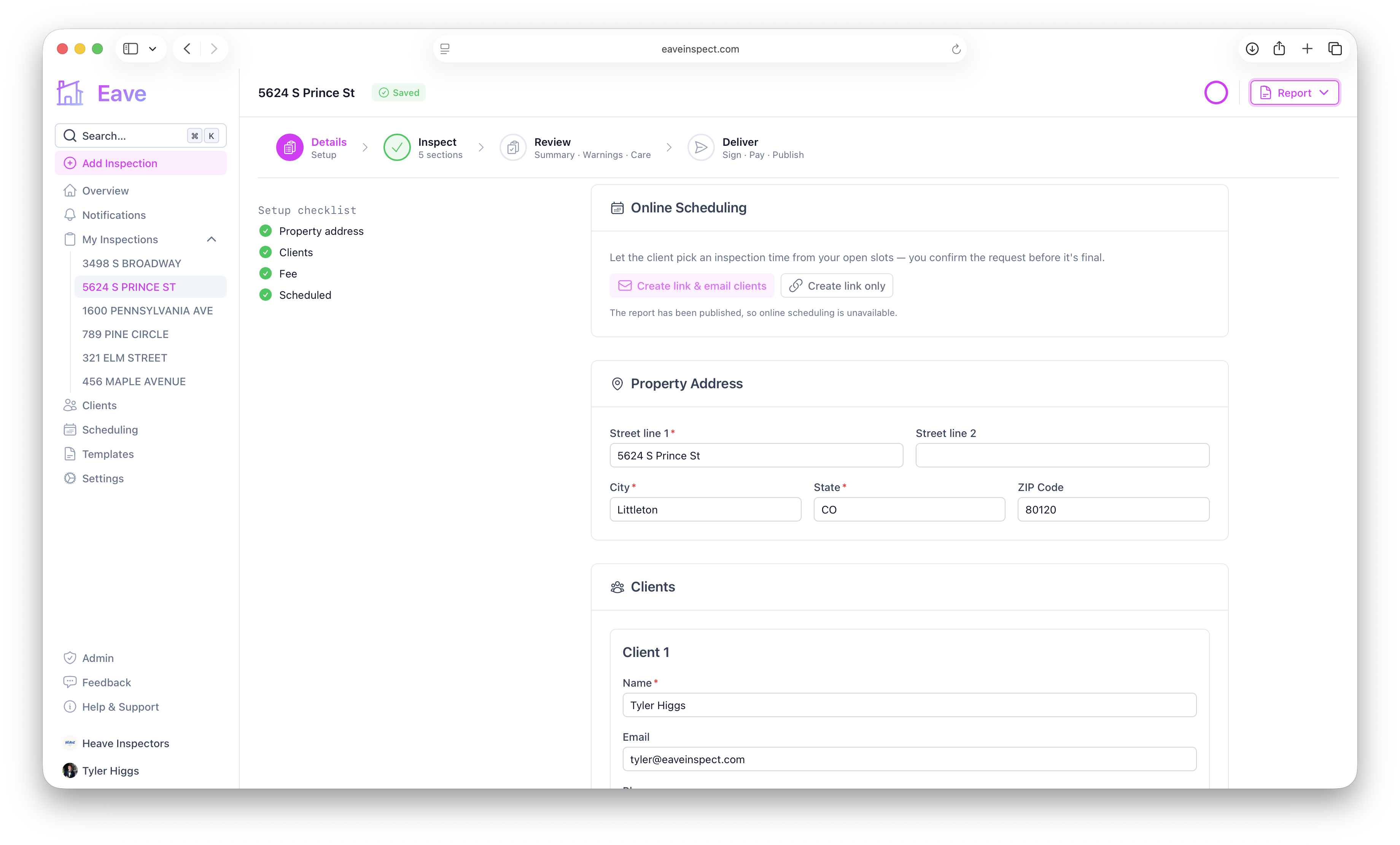 Inspection Details page without scheduling enabled