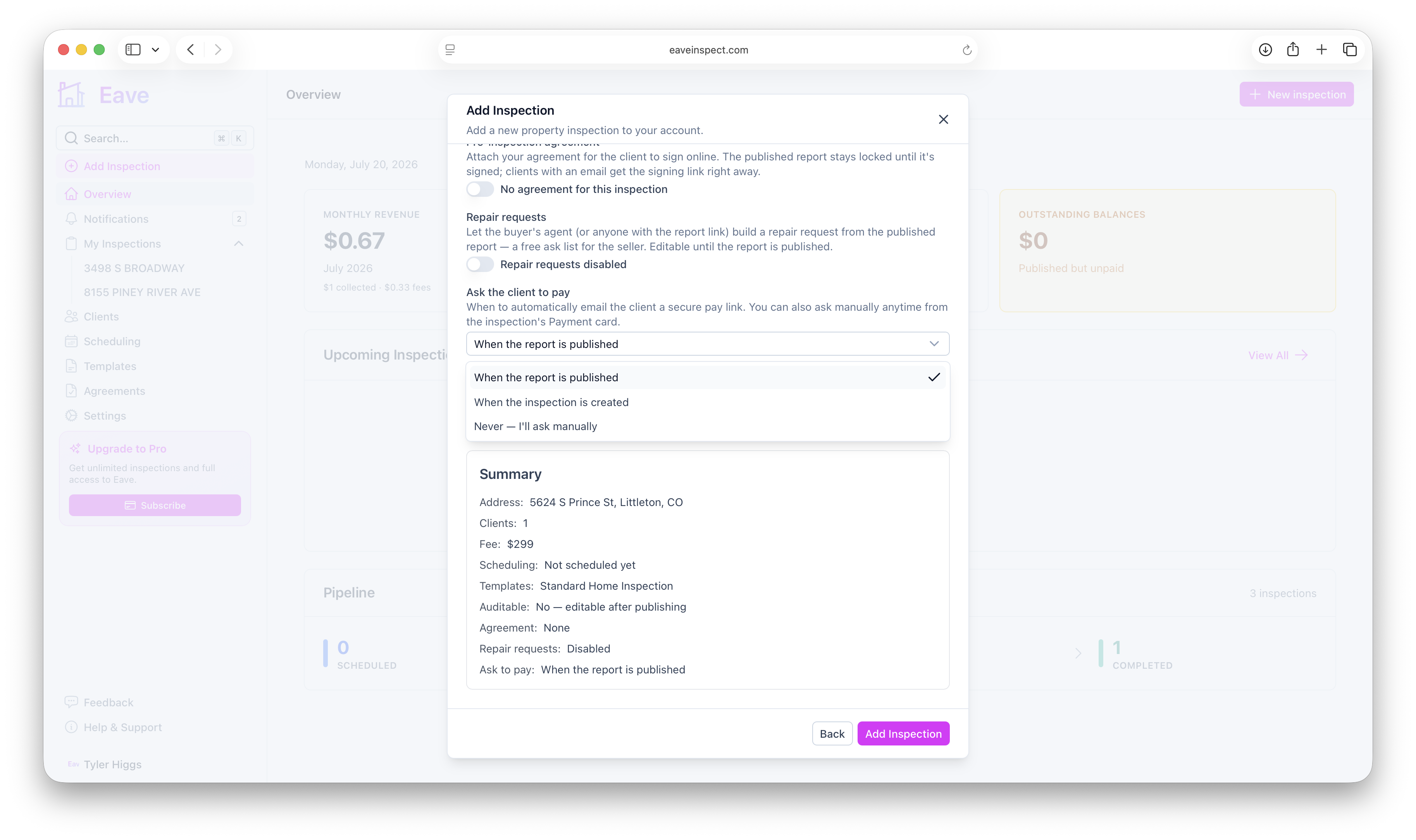 Choosing the payment prompt when creating an inspection