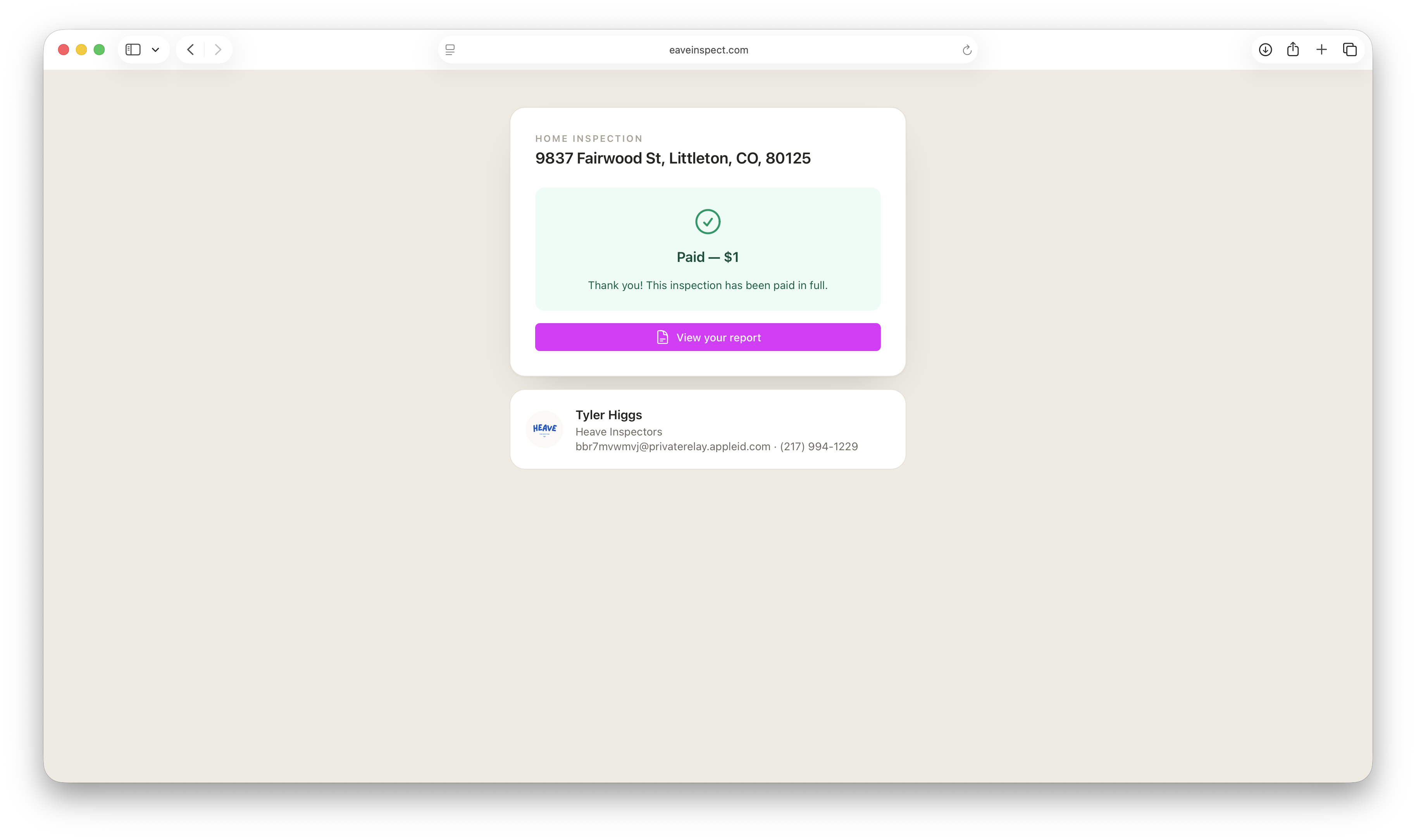 The paid confirmation with a link to the report