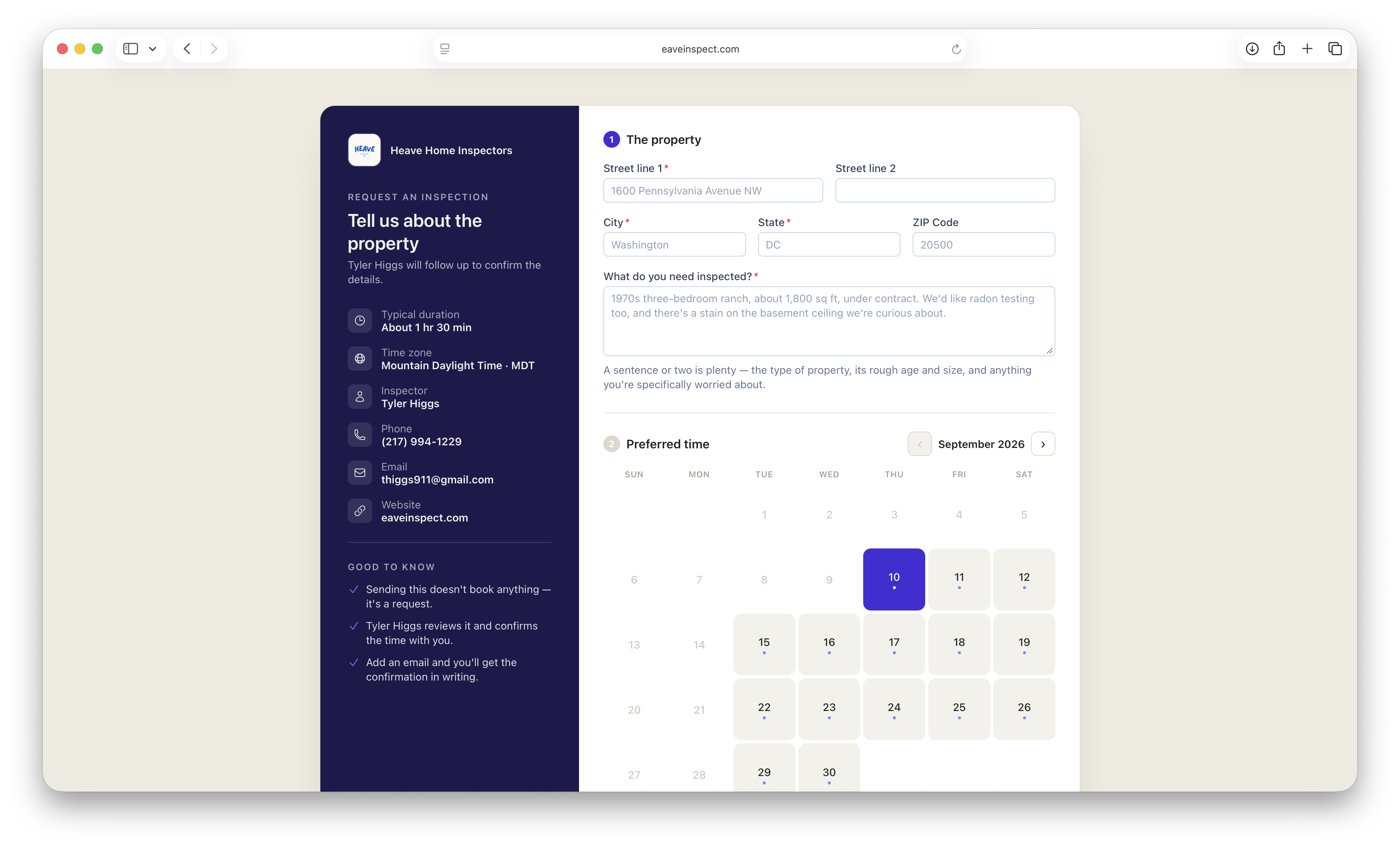 A client requesting and scheduling an inspection from Eave's public request link