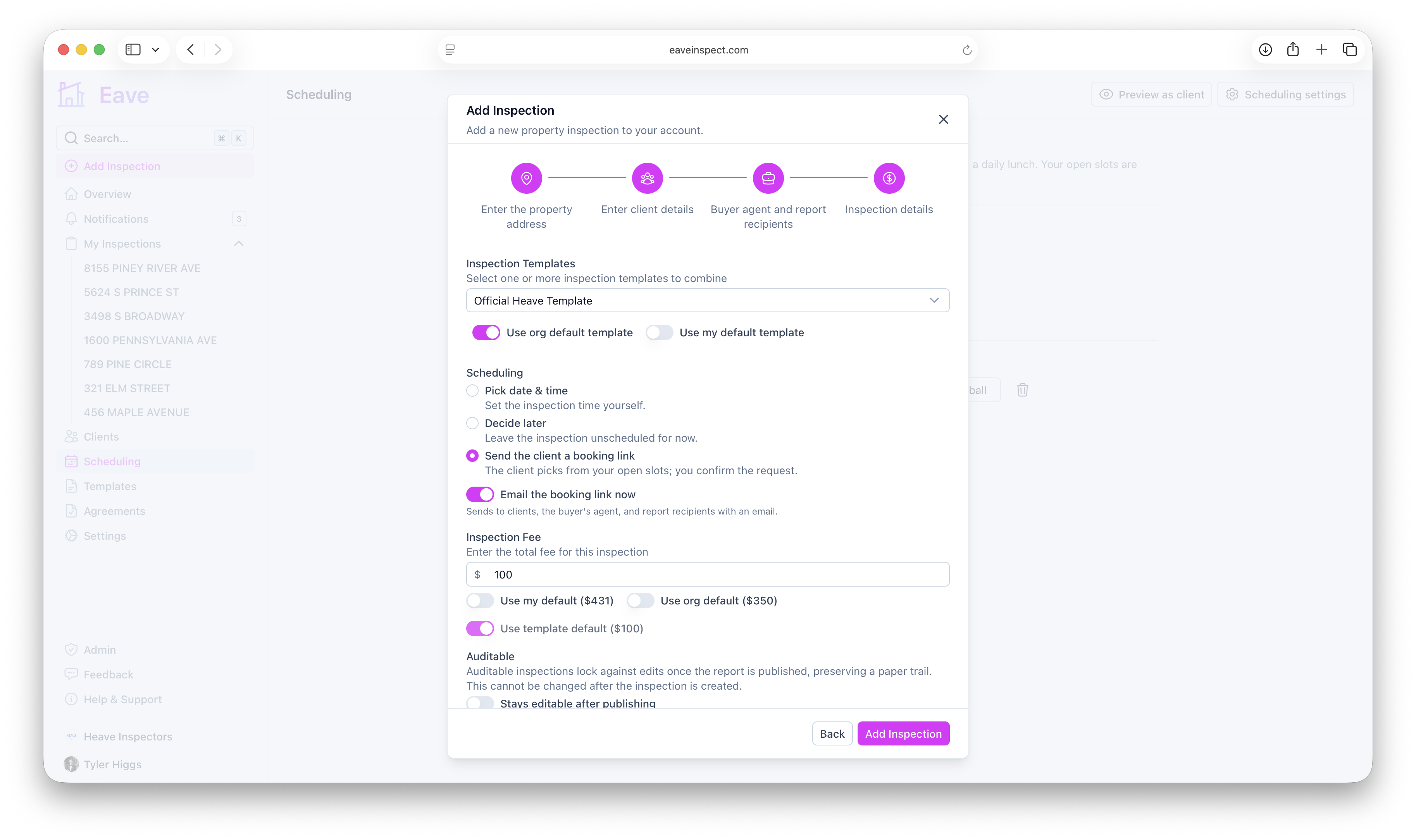 The scheduling option when creating an inspection