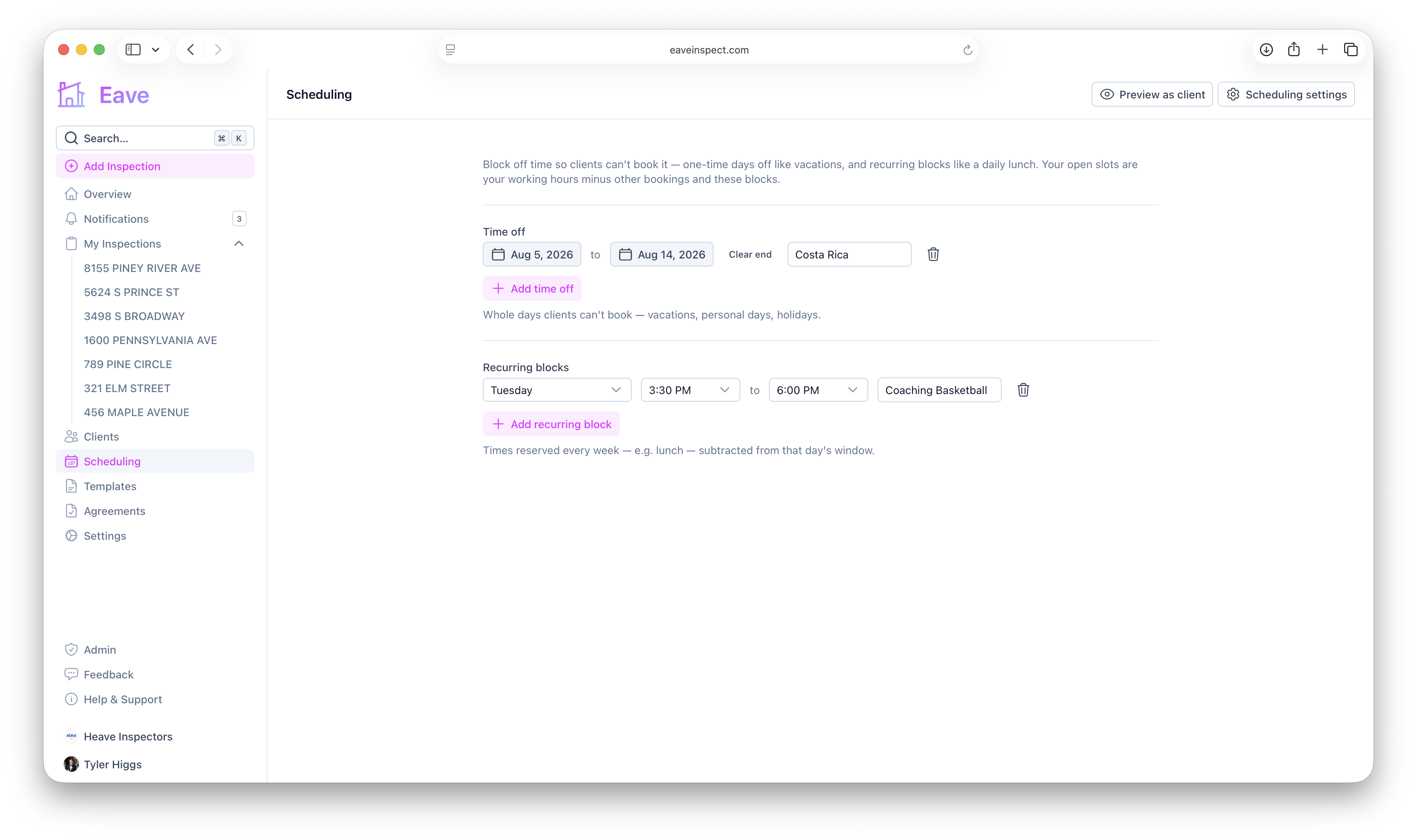 The scheduling page with time off and recurring blocks