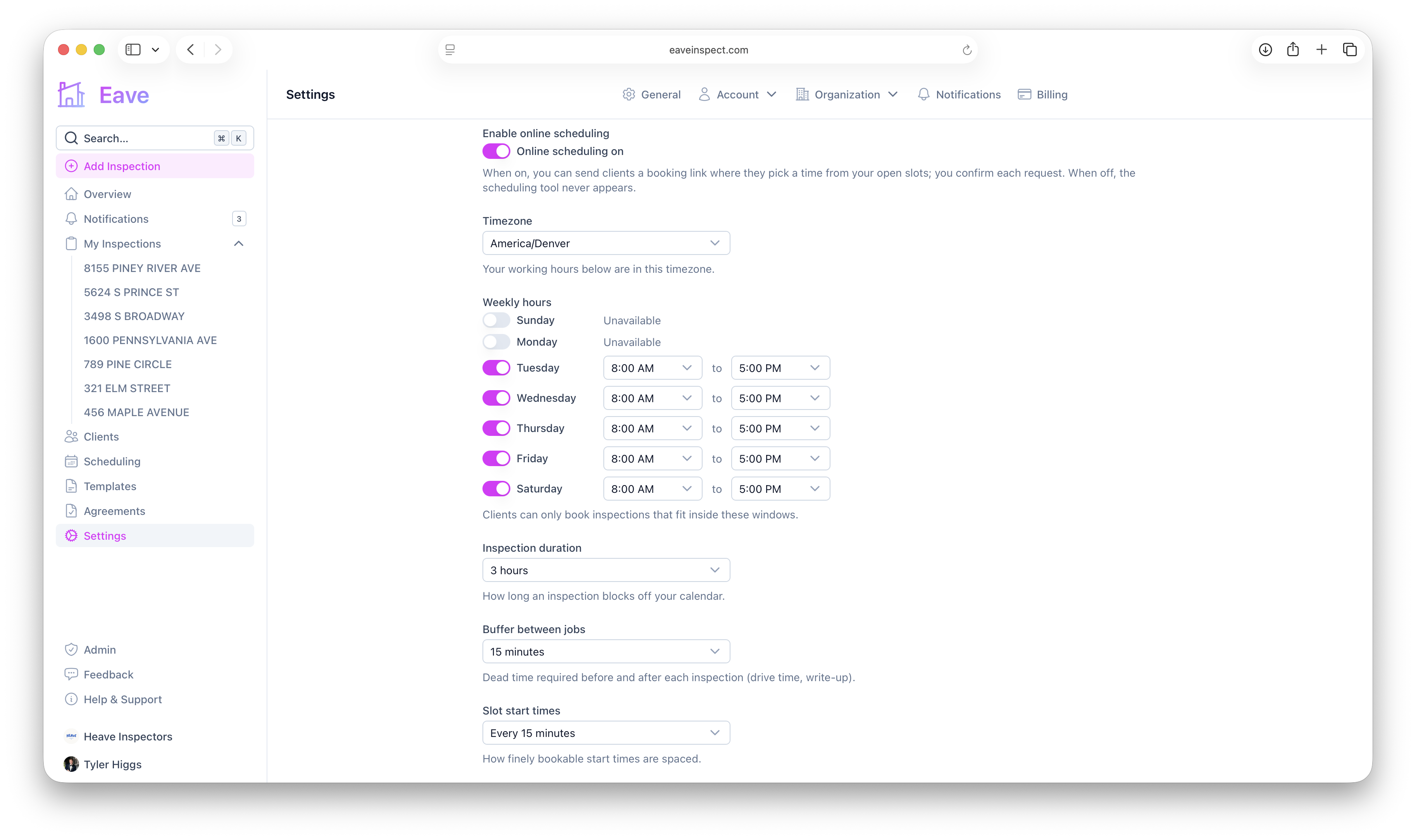 The scheduling settings page