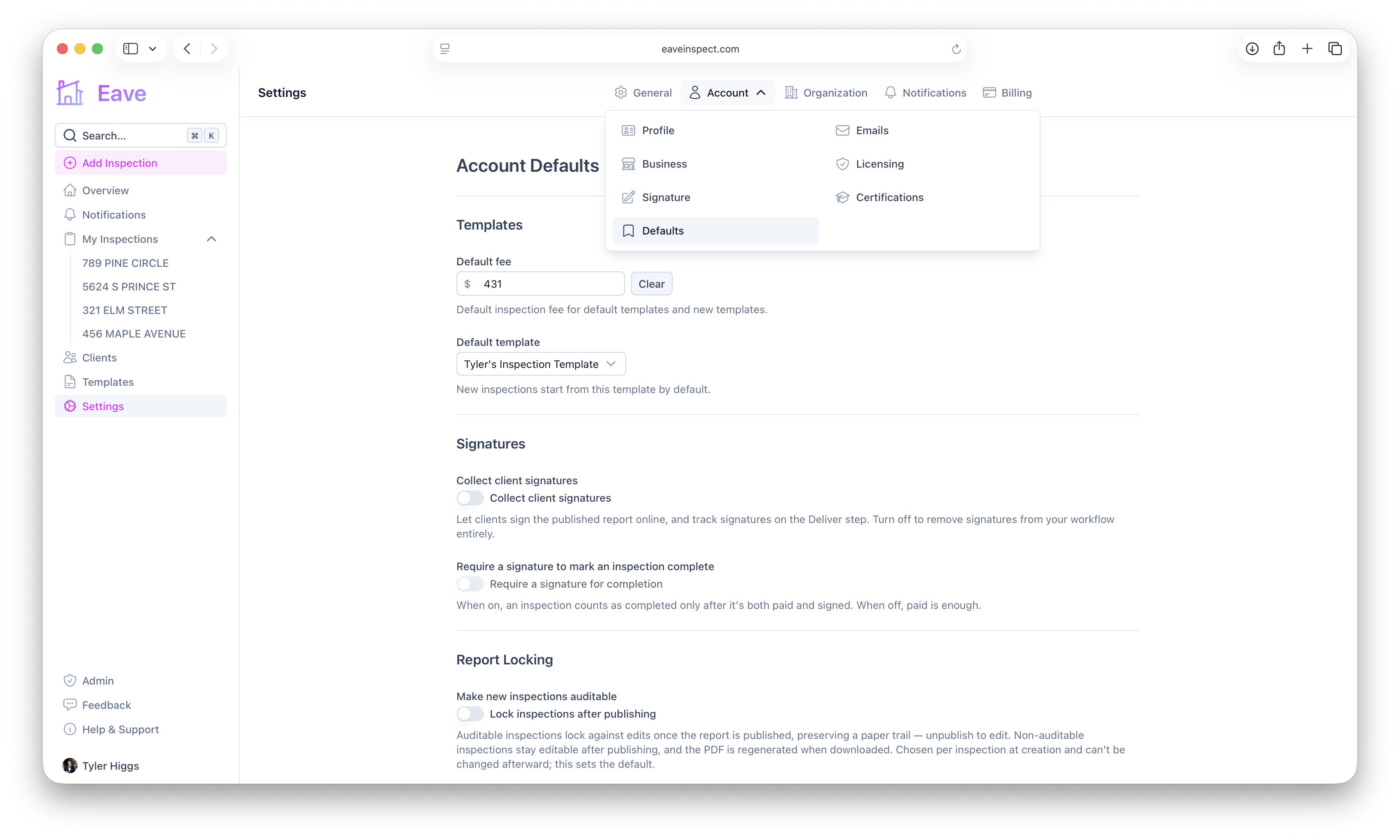 User settings → Defaults
